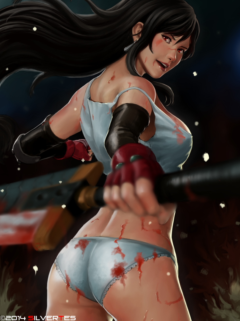 1girl 2014 artist_name ass black_hair blood bloody_clothes bloody_weapon blurry breasts buster_sword clenched_hand cowboy_shot crop_top depth_of_field earrings final_fantasy final_fantasy_vii fingerless_gloves foreshortening from_behind gloves grey_panties holding jewelry lace-trimmed_panties lips looking_at_viewer looking_back midriff nose open_mouth panties realistic red_eyes silvertes solo strap_slip tank_top tifa_lockhart underwear watermark weapon