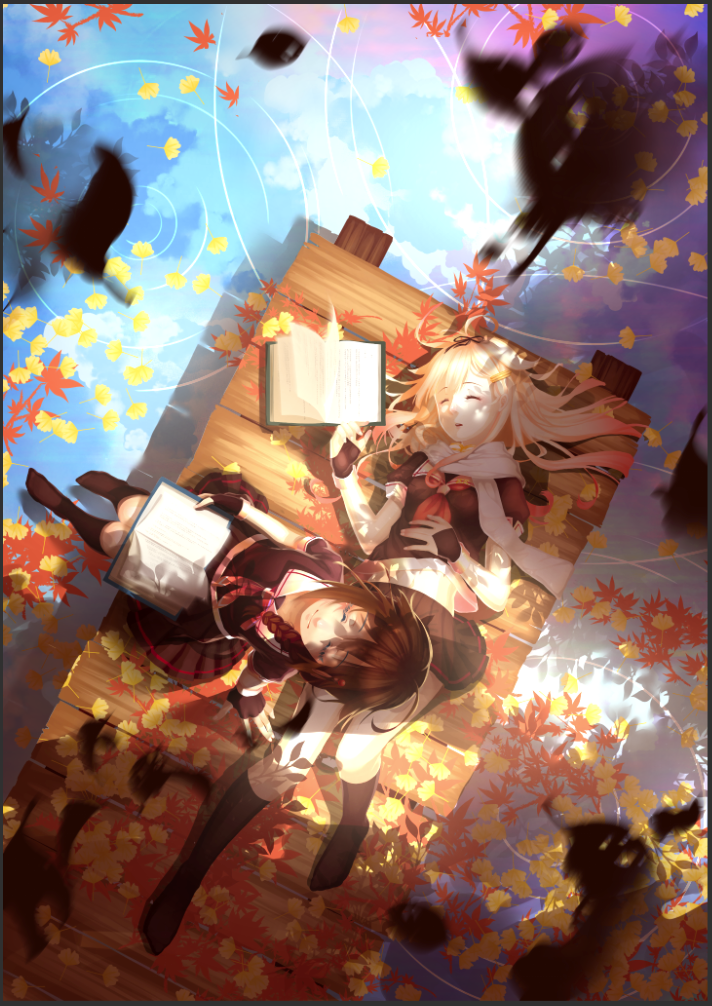 2girls ahoge arm_support black_legwear blonde_hair book braid brown_hair closed_eyes dock fingerless_gloves frame from_above gloves hair_ornament hand_on_own_stomach kantai_collection kneehighs leaf level_x_yuusha light_smile long_hair lying maple_leaf multiple_girls neckerchief on_back open_book open_mouth pleated_skirt ripples sailor_collar shigure_(kantai_collection) short_sleeves sitting skirt water yuudachi_(kantai_collection)