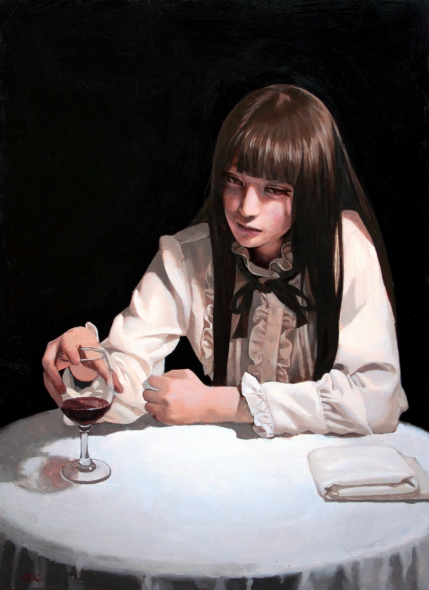 1girl alcohol asian bangs black_background black_ribbon blouse blunt_bangs brown_eyes brown_hair cloth cup frilled_sleeves frills half-closed_eyes imai_takahiro long_hair long_sleeves looking_away original realistic ribbon solo table touching traditional_media wine wine_glass