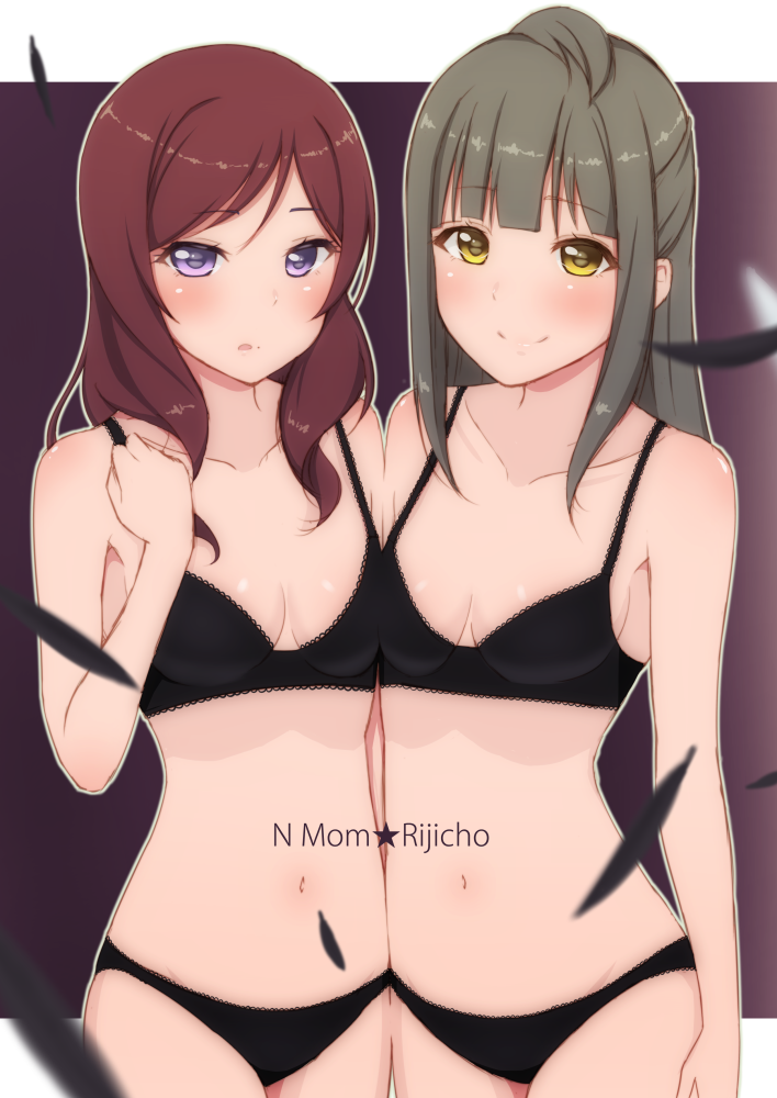 2girls bare_shoulders black_bra black_panties blush bra brown_hair character_name collarbone cowboy_shot looking_at_viewer love_live!_school_idol_project mashimaru_(muzikluva) milf's minami_kotori's_mother multiple_girls navel nishikino_maki's_mother panties redhead small_breasts smile underwear underwear_only violet_eyes