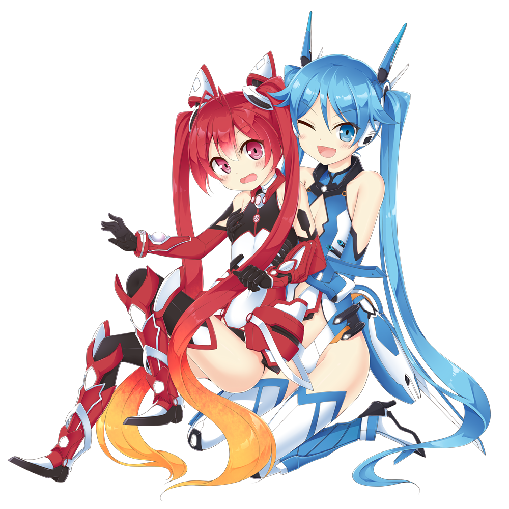 2girls :o ;d armor blonde_hair blue_eyes blue_hair boots elbow_gloves gloves gradient_hair long_hair mecha_musume multicolored_hair multiple_girls one_eye_closed open_mouth ore_twintail_ni_narimasu red_eyes redhead sigemi smile tail_blue tail_red thigh-highs thigh_boots transparent_background twintails very_long_hair
