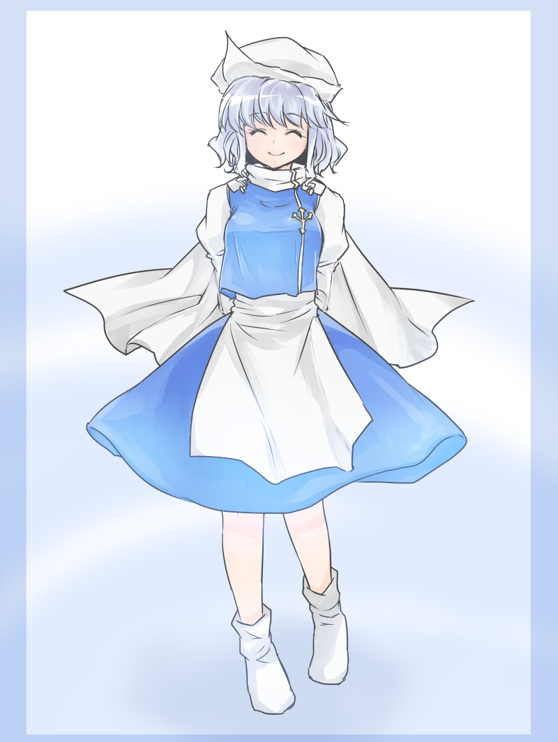 1girl ^_^ breasts cape closed_eyes hat large_breasts letty_whiterock long_sleeves monrooru short_hair skirt skirt_set socks solo tabard touhou