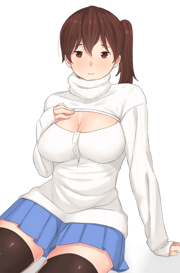 1girl arm_support black_legwear blue_skirt breasts brown_eyes brown_hair cleavage_cutout franham hand_on_own_chest kaga_(kantai_collection) kantai_collection large_breasts light_smile long_sleeves looking_at_viewer miniskirt open-chest_sweater pleated_skirt ribbed_sweater side_ponytail simple_background sitting skirt sleeves_past_wrists solo sweater thigh-highs turtleneck white_background