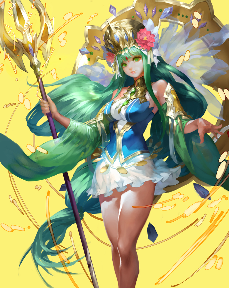 1girl bare_shoulders detached_sleeves green_hair headdress lips long_hair looking_at_viewer parvati_(p&amp;d) puzzle_&amp;_dragons solo staff very_long_hair youshun_(naturaljuice)