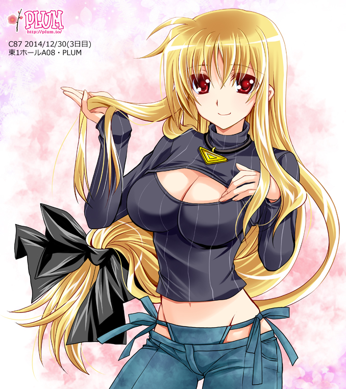 1girl alternate_costume artist_name bikini_jeans blonde_hair breasts cleavage cleavage_cutout fate_testarossa jewelry kanna_(plum) long_hair looking_at_viewer low-tied_long_hair lowleg lowleg_pants lyrical_nanoha mahou_shoujo_lyrical_nanoha_strikers necklace open-chest_sweater pants red_eyes ribbed_sweater smile solo sweater turtleneck turtleneck_sweater very_long_hair watermark web_address