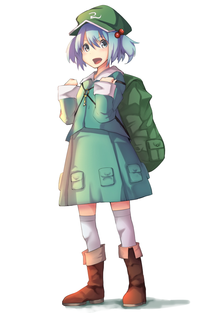 1girl backpack bag blue_eyes blue_hair boots brown_boots hair_bobbles hair_ornament hat kawashiro_nitori key knee_boots long_sleeves looking_at_viewer open_mouth shirt short_hair simple_background skirt skirt_set smile solo thigh-highs touhou twintails white_background white_legwear