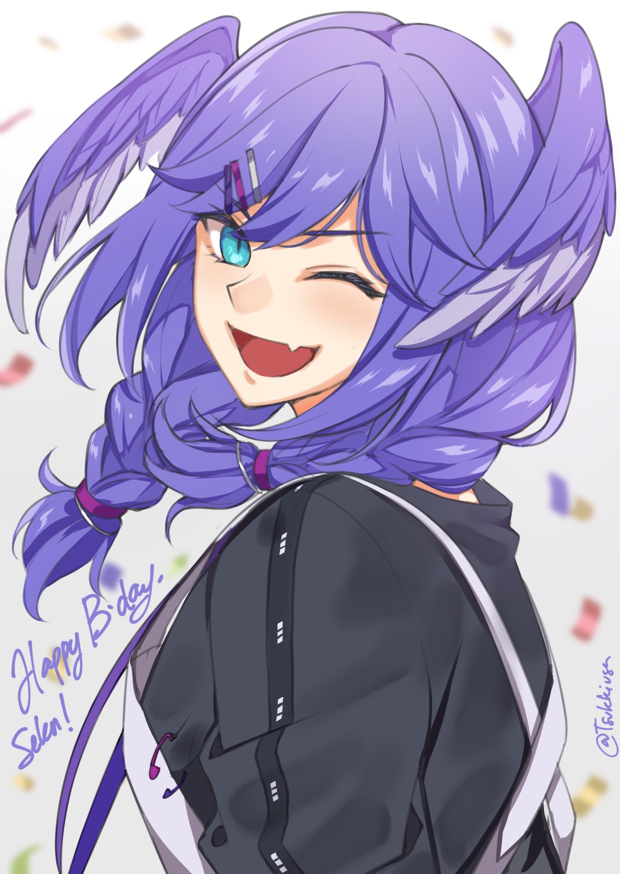 1girl bangs black_sweater blue_eyes blurry blurry_background braid confetti english_commentary fang floating_hair from_side hair_ornament hairclip happy_birthday head_wings highres looking_at_viewer medium_hair nijisanji nijisanji_en one_eye_closed open_mouth selen_tatsuki skin_fang smile solo sweater tsukky twin_braids twitter_username violet_eyes virtual_youtuber