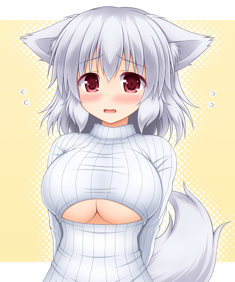 1girl animal_ears blush breasts bust fang flying_sweatdrops halftone halftone_background inubashiri_momiji large_breasts long_sleeves looking_at_viewer nagana_sayui nervous nervous_smile open-chest_sweater open_mouth pink_eyes revision solo sweater tail touhou turtleneck under_boob underboob_cutout wolf_ears wolf_tail