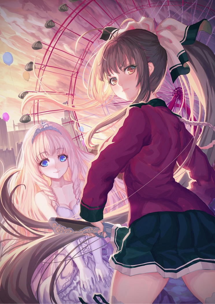 2girls amagi_brilliant_park amusement_park antenna_hair balloon blonde_hair blue_eyes blush bow brown_eyes brown_hair drill_hair dutch_angle evening ferris_wheel hair_bow latifa_fleuranza long_hair looking_at_viewer looking_back multiple_girls ponytail sento_isuzu skirt thigh-highs tiara uniform usanekorin very_long_hair zettai_ryouiki