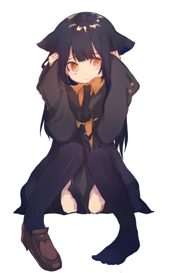 1girl animal_ears ao68 black_hair black_legwear cat_ears coat dot_nose hands_on_own_head knees_together_feet_apart loafers long_hair long_sleeves necktie orange_eyes original pleated_skirt shoes simple_background single_shoe sitting skirt sleeves_past_wrists solo thigh-highs white_background