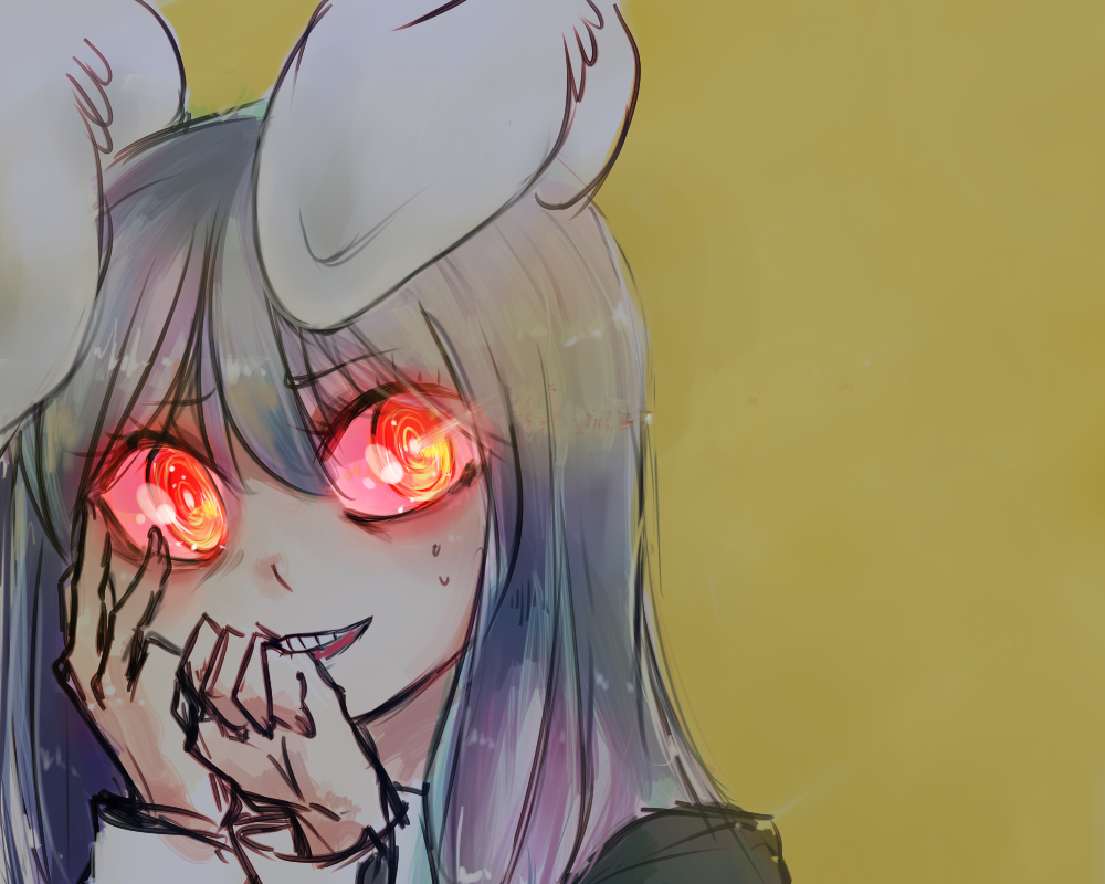 1girl animal_ears biting crazy_smile face glowing glowing_eyes hand_biting hand_on_own_face long_hair long_sleeves looking_to_the_side pog purple_hair rabbit_ears red_eyes reisen_udongein_inaba simple_background sketch solo sweatdrop teeth touhou