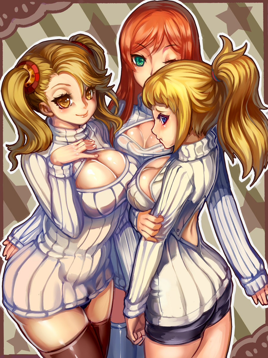 3girls alternate_costume bike_shorts blonde_hair blue_eyes breasts brown_eyes brown_hair cleavage cleavage_cutout green_eyes gundam gundam_build_fighters gundam_build_fighters_try highres hoshino_fumina kamiki_mirai long_hair looking_at_viewer multiple_girls one_eye_closed open-chest_sweater ponytail pout redhead ribbed_sweater sazaki_kaoruko short_hair st.microscope sweater thigh-highs turtleneck twintails