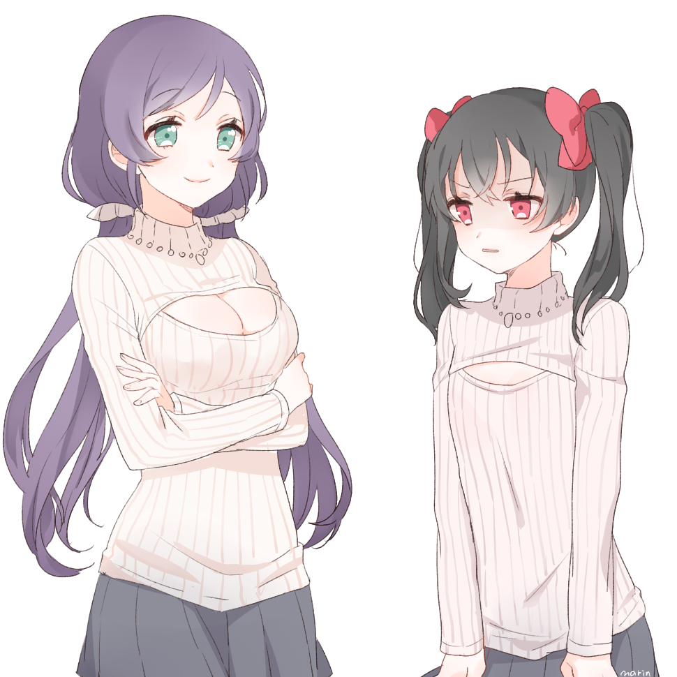 2girls black_hair bow breast_envy breasts cleavage cleavage_cutout crossed_arms flat_chest green_eyes hair_bow long_hair love_live!_school_idol_project marin_(myuy_3) multiple_girls open-chest_sweater purple_hair red_eyes ribbed_sweater shaded_face smile sweater toujou_nozomi turtleneck twintails white_background yazawa_nico