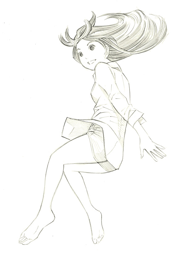 1girl barefoot long_hair monochrome original sketch solo traditional_media yoshitomi_akihito