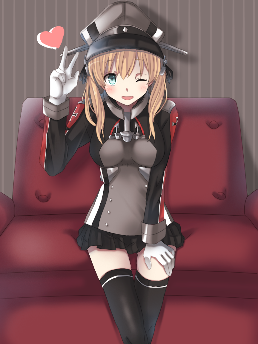 1girl ;) abcd2345 anchor_hair_ornament black_legwear blonde_hair blouse breasts couch gloves hat iron_cross kantai_collection long_hair long_sleeves microskirt military military_uniform one_eye_closed open_mouth peaked_cap prinz_eugen_(kantai_collection) sitting skirt smile solo thigh-highs twintails uniform v white_gloves