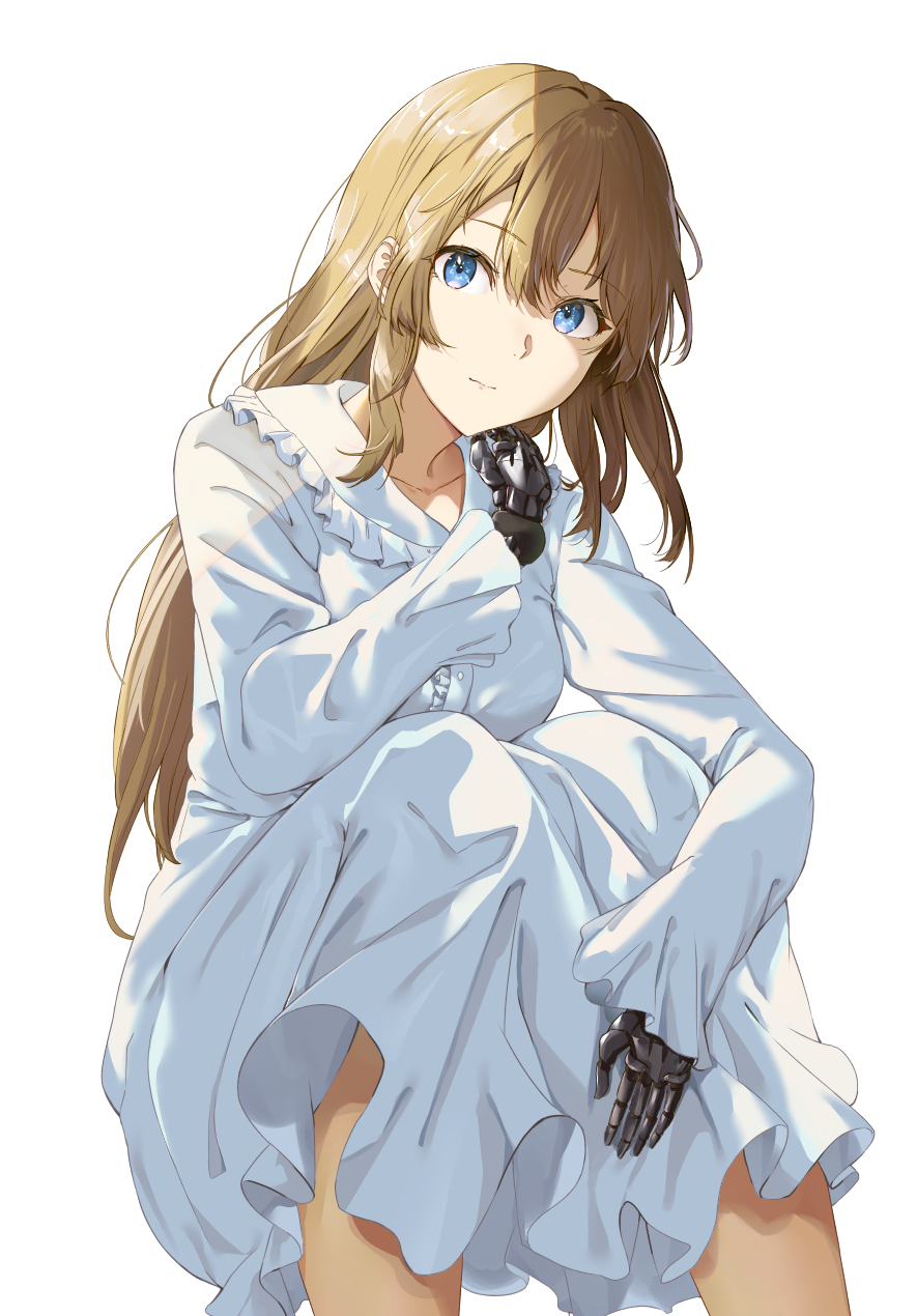 1girl android bangs blue_eyes brown_hair center_frills closed_mouth collared_dress dress eyebrows_visible_through_hair feet_out_of_frame frilled_shirt_collar frills hair_between_eyes hand_up highres light_smile long_hair mechanical_hands mosta_(lo1777789) simple_background solo squatting very_long_hair violet_evergarden violet_evergarden_(series) white_background white_dress