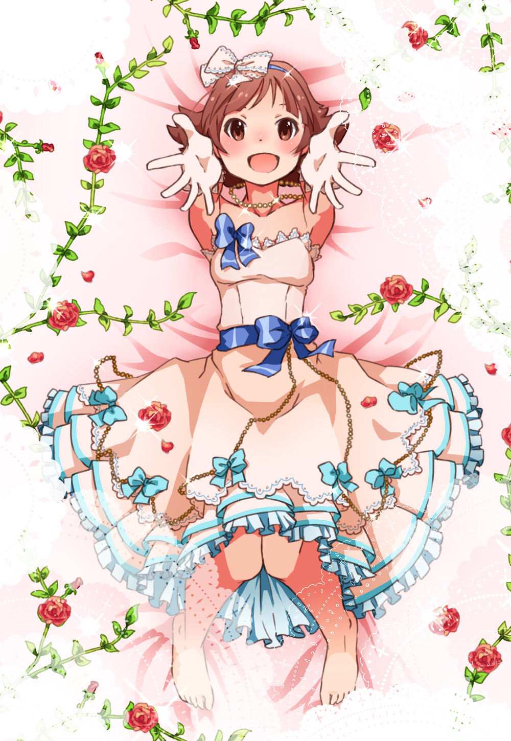 1girl bare_shoulders barefoot brown_eyes brown_hair dress flower gloves hair_ribbon hairband highres idolmaster idolmaster_million_live! jewelry koma_tori lying necklace nonohara_akane on_back open_mouth outstretched_arms ribbon rose smile solo strapless_dress vines
