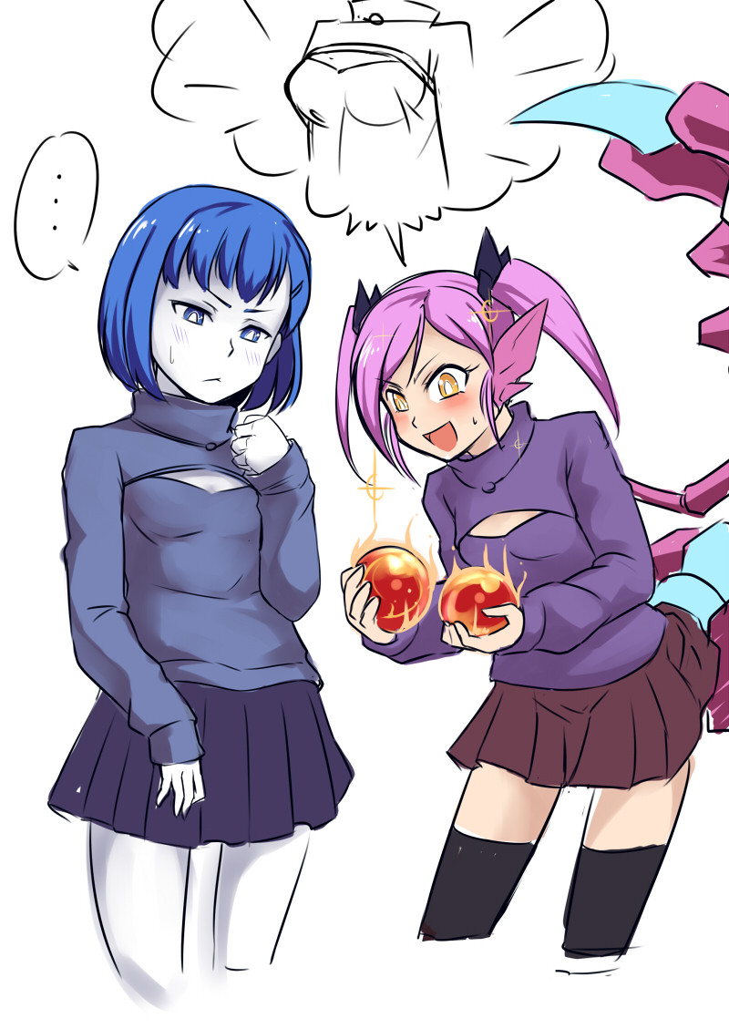 2girls black_legwear blue_eyes blue_hair blush cleavage_cutout genderswap insect_girl league_of_legends multiple_girls nam_(valckiry) open-chest_sweater personification purple_hair ribbed_sweater short_hair skarner skirt socks stinger sweater twintails white_legwear xerath yellow_eyes
