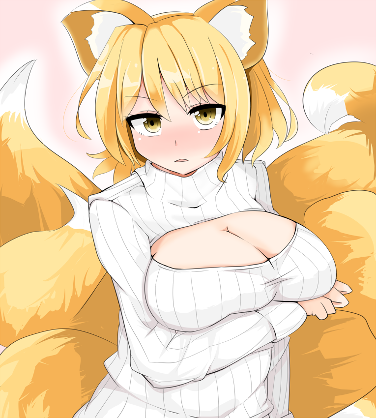 1girl alternate_costume animal_ears blonde_hair blush breast_lift breasts cleavage cleavage_cutout fox_ears fox_tail karatakewari large_breasts long_sleeves looking_at_viewer multiple_tails open-chest_sweater ribbed_sweater solo sweater tail touhou turtleneck yakumo_ran yellow_eyes