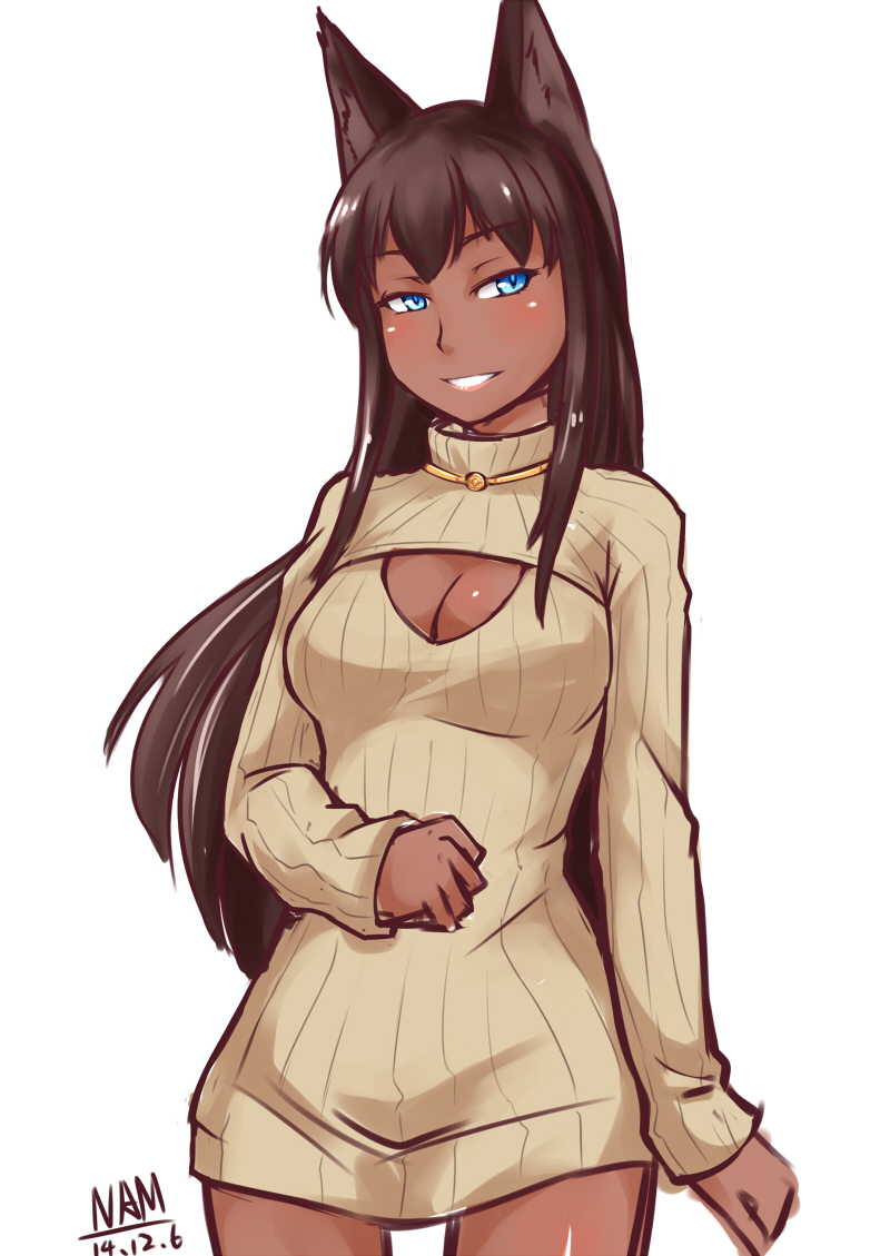 1girl animal_ears black_hair blue_eyes breasts choker cleavage cleavage_cutout dark_skin genderswap league_of_legends long_hair nam_(valckiry) nasus open-chest_sweater ribbed_sweater solo sweater sweater_dress turtleneck