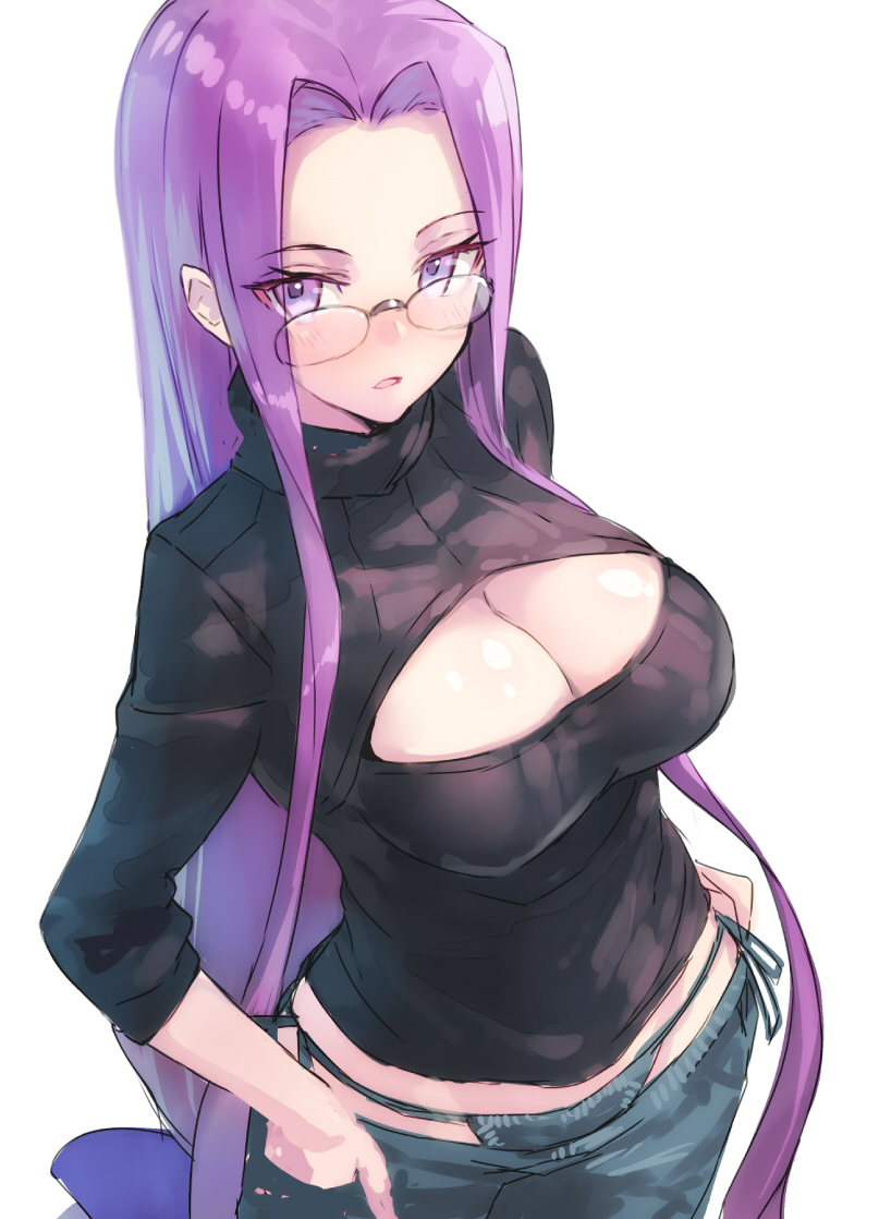 1girl bikini_jeans blush breasts cleavage cleavage_cutout cowboy_shot denim fate/stay_night fate_(series) glasses hands_in_pockets jeans long_hair lowleg lowleg_pants open-chest_sweater pants purple_hair rider shirabi_(life-is-free) simple_background solo sweater turtleneck underwear very_long_hair violet_eyes white_background