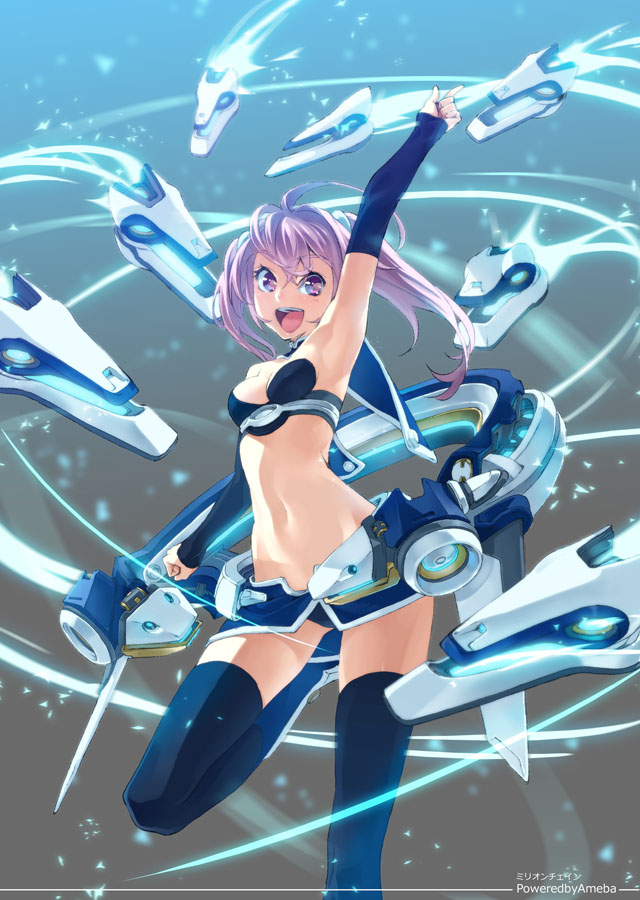 1girl :d arm_up black_legwear detached_sleeves leg_up long_hair looking_at_viewer million_chain navel open_mouth options pointing pointing_up purple_hair smile solo thigh-highs violet_eyes yahako
