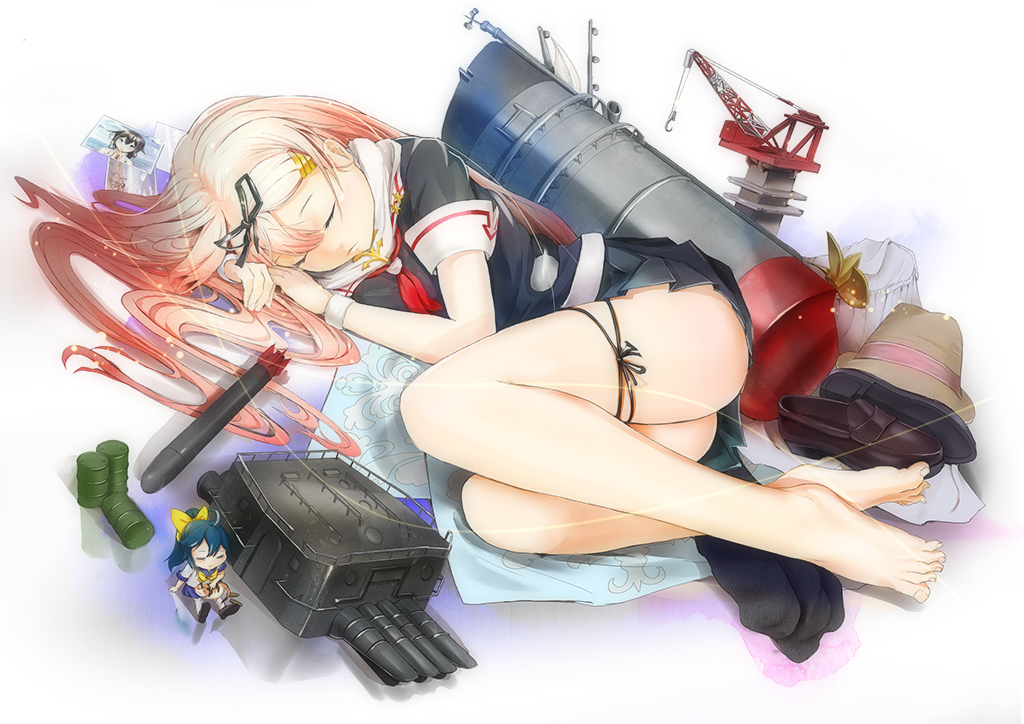 artist_request barefoot closed_eyes crane drum_(container) fairy_(kantai_collection) gradient_hair hair_ornament hair_ribbon hairpin kantai_collection lying machinery multicolored_hair on_floor ribbon shigure_(kantai_collection) shoes shoes_removed sleeping torpedo yuudachi_(kantai_collection)