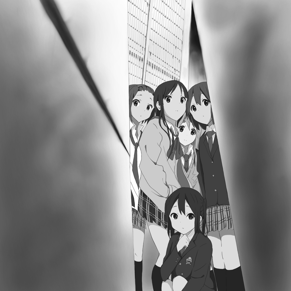 5girls akiyama_mio alternate_costume hirasawa_yui k-on! kaiman kotobuki_tsumugi long_hair monochrome multiple_girls nakano_azusa necktie no_thank_you! out_of_our_heads parody school_uniform short_hair tainaka_ritsu the_rolling_stones twintails