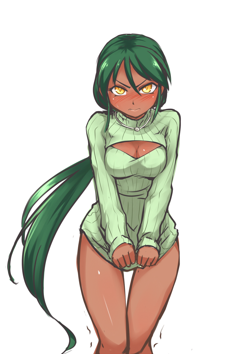 1girl blush cleavage_cutout dark_skin genderswap green_hair league_of_legends long_hair nam_(valckiry) open-chest_sweater personification ponytail renekton ribbed_sweater solo sweater sweater_dress turtleneck yellow_eyes