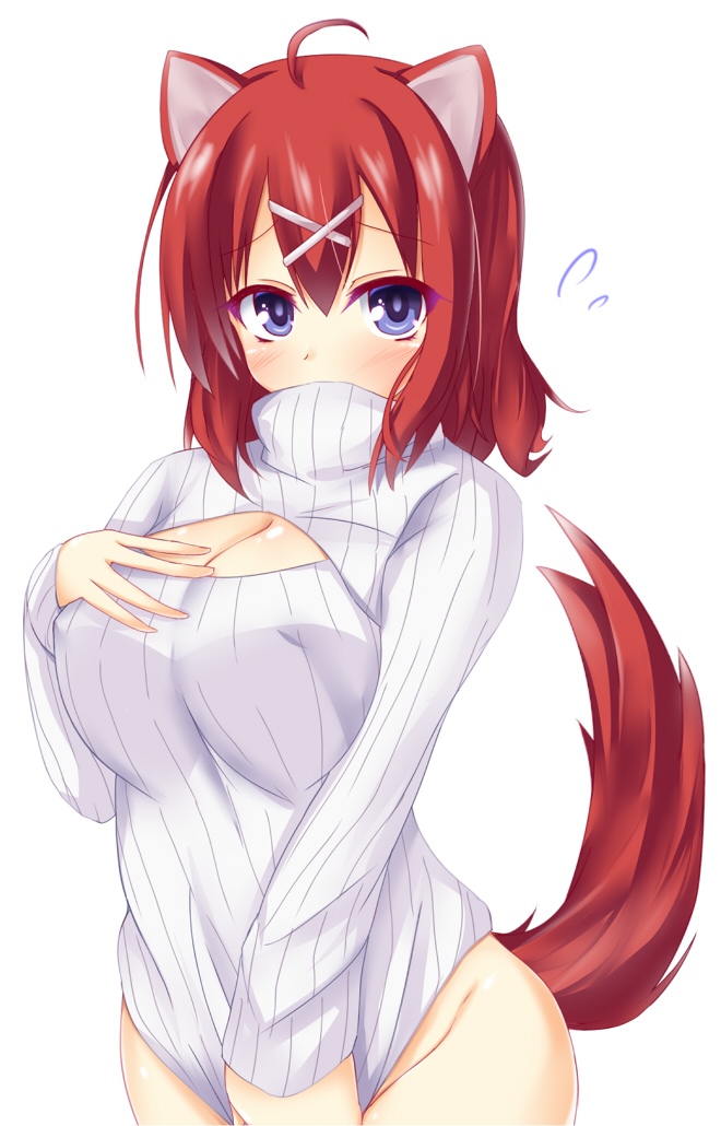 1girl ahoge amairo_islenauts animal_ears blue_eyes breasts cleavage cleavage_cutout covered_mouth covering covering_crotch ero-god flying_sweatdrops hair_ornament hairclip hand_on_own_chest looking_at_viewer masaki_gaillard naked_sweater open-chest_sweater redhead ribbed_sweater short_hair simple_background solo sweater sweater_tug tail turtleneck white_background wolf_ears wolf_tail