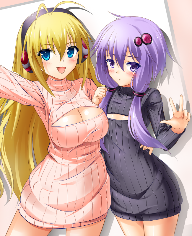 2girls arm_around_waist arm_up blonde_hair blue_eyes blush breasts bug_(artist) cleavage cleavage_cutout cowboy_shot flat_chest hair_ornament headphones large_breasts long_hair low_twintails multiple_girls open-chest_sweater purple_hair ribbed_sweater sweater tsurumaki_maki turtleneck twintails v very_long_hair violet_eyes vocaloid voiceroid yuzuki_yukari