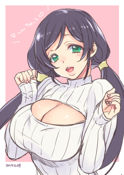 1girl blush breasts cleavage cleavage_cutout dated green_eyes large_breasts long_hair looking_at_viewer love_live!_school_idol_project open-chest_sweater open_mouth purple_hair smile solo sumeragi_kohaku sweater toujou_nozomi translation_request turtleneck turtleneck_sweater twintails