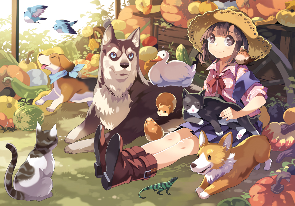 1girl animal_on_shoulder beagle bf._(sogogiching) bird bird_on_shoulder boots bowtie brown_eyes brown_hair cart cat dog duck gourd hamster hat husky lizard on_ground original outdoors plaid plaid_shirt pleated_skirt pumpkin short_hair sitting skirt smile solo squash straw_hat welsh_corgi wing_collar