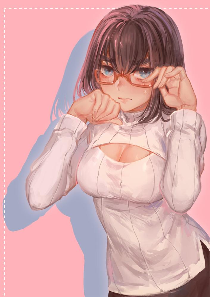 1girl allenkung1 bespectacled black_hair blue_eyes breasts cleavage cleavage_cutout eyebrows glasses kill_la_kill kiryuuin_satsuki large_breasts open-chest_sweater red-framed_glasses ribbed_sweater semi-rimless_glasses short_hair simple_background solo sweater thick_eyebrows turtleneck under-rim_glasses