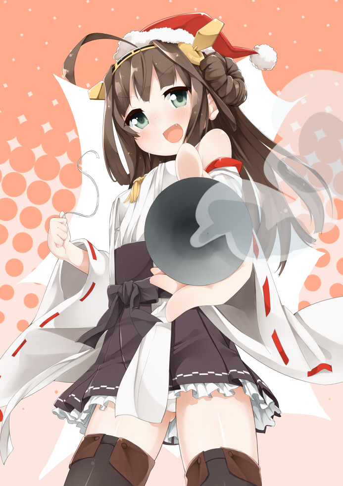 1girl :d ahoge brown_hair detached_sleeves fang from_below green_eyes hairband hat holding kantai_collection kongou_(kantai_collection) long_hair looking_at_viewer nontraditional_miko open_mouth panties pantyshot pantyshot_(standing) pleated_skirt santa_hat shiina_2265 skirt smile solo standing thigh-highs underwear