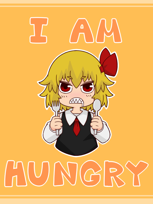 1girl blackbad blonde_hair bow collared_shirt drooling fork hair_bow long_sleeves looking_at_viewer orange_background red_eyes rumia sharp_teeth solo spoon touhou vest