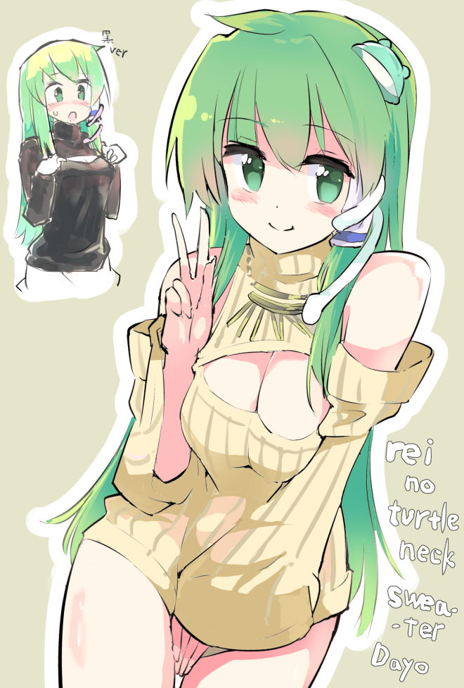 1girl blush breasts cleavage cleavage_cutout detached_sleeves frog_hair_ornament green_eyes green_hair hair_ornament kochiya_sanae large_breasts long_hair looking_at_viewer open-chest_sweater puuakachan sketch smile snake_hair_ornament solo sweater touhou turtleneck turtleneck_sweater v