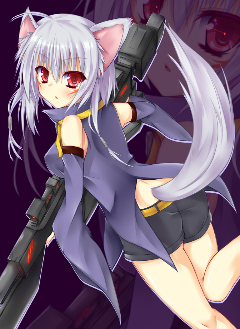 1girl animal_ears antenna_hair carrying ero-god gun looking_at_viewer original red_eyes short_hair shorts silver_hair solo tail weapon wolf_ears wolf_tail zoom_layer
