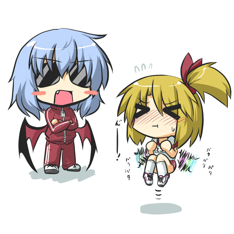 &gt;_&lt; 2girls :t bat_wings blonde_hair blue_hair blush_stickers buruma commentary crossed_arms fang flapping flying flying_sweatdrops gomasamune gym_uniform hair_ribbon mikoto_freesia_scarlet multiple_girls original remilia_scarlet ribbon short_hair side_ponytail sunglasses sweat touhou track_suit training translated wings