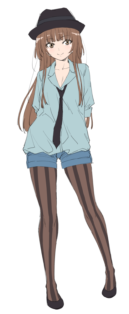 1girl amagami arms_behind_back bangs blunt_bangs brown_eyes brown_hair denim denim_shorts hat kamizaki_risa long_hair necktie pantyhose payot shoes shorts shouji_2 smile solo striped striped_legwear vertical-striped_legwear vertical_stripes