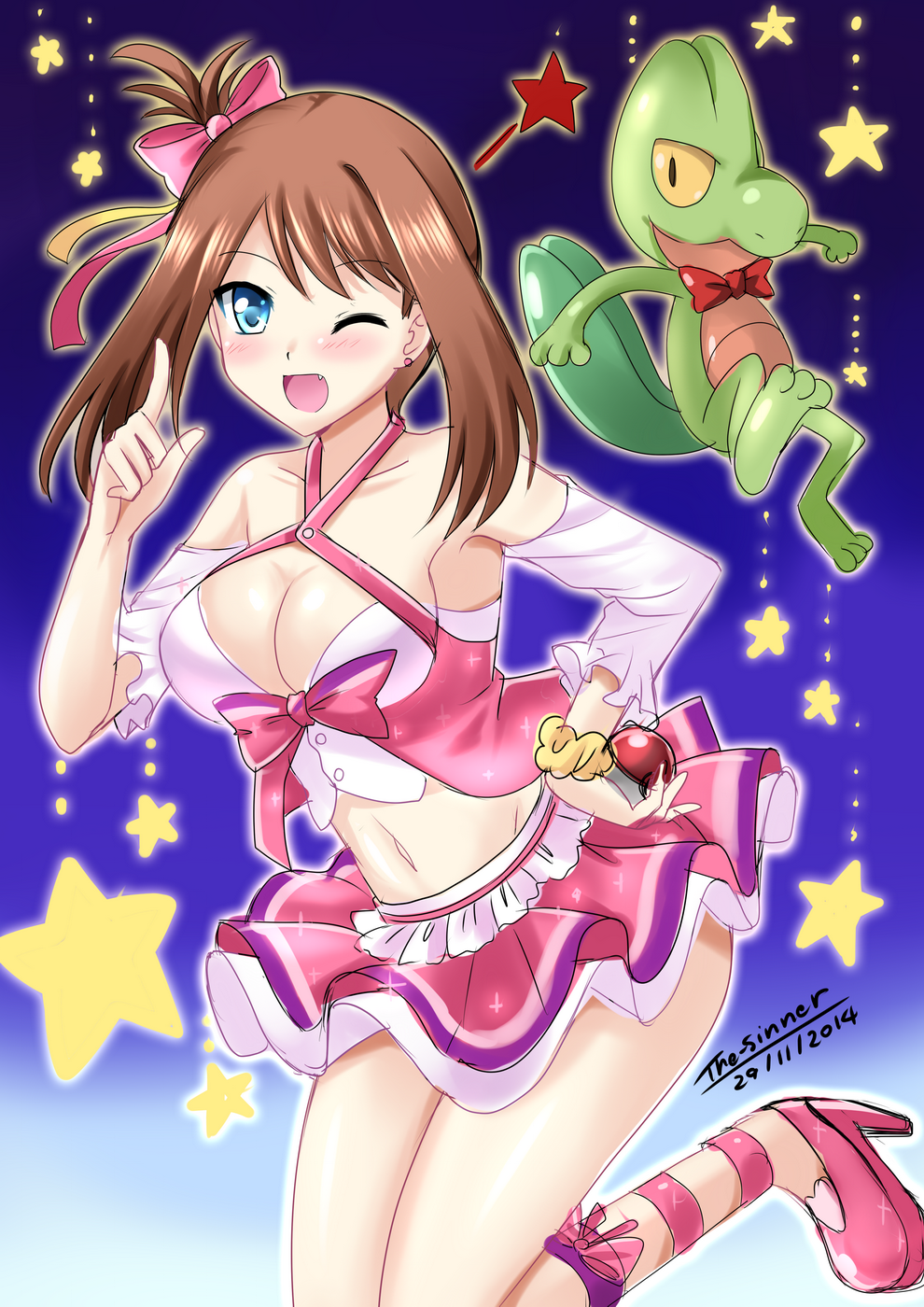 1girl ;d blue_eyes bow breasts brown_hair cleavage hair_bow hair_ribbon haruka_(pokemon) haruka_(pokemon)_(contest) haruka_(pokemon)_(remake) highres looking_at_viewer navel one_eye_closed open_mouth pokemon pokemon_(creature) pokemon_(game) pokemon_oras ribbon short_hair smile the-sinner treecko