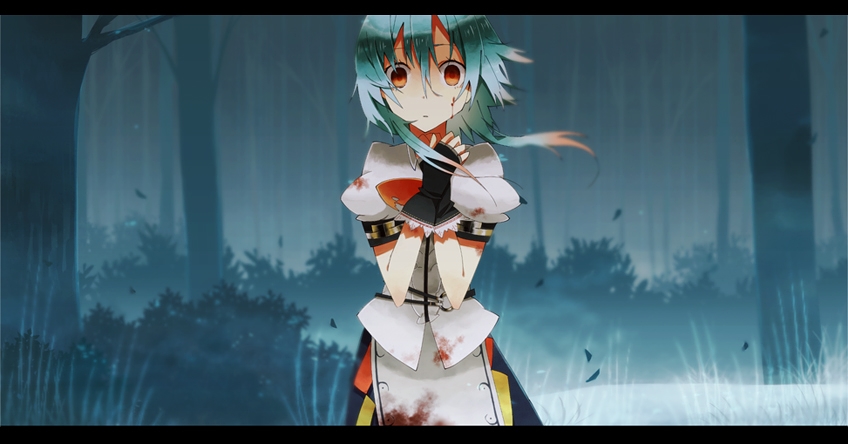 1girl alternate_hairstyle blood blood_on_face bloody_clothes blue_hair brown_eyes falsehood fingerless_gloves gloves hands_together hinanawi_tenshi looking_at_viewer short_hair short_hair_with_long_locks solo touhou wind