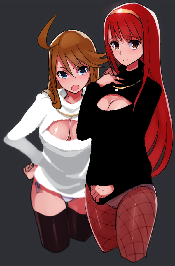 2girls ahoge black_legwear breasts brown_eyes brown_hair brown_legwear cleavage cleavage_cutout cowboy_shot cropped_legs fishnet_pantyhose fishnets grey_background hairband hand_on_hip hand_on_own_chest idolmaster idolmaster_million_live! jewelry long_hair looking_at_viewer multiple_girls necklace open-chest_sweater open_mouth panties panties_under_pantyhose pantyhose pantyshot redhead shohe sweater tanaka_kotoha thigh-highs tokoro_megumi underwear