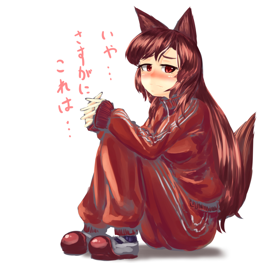 1girl alternate_costume animal_ears brown_hair imaizumi_kagerou kys_(k-k2) long_hair red_eyes solo tail touhou track_suit translation_request wolf_ears wolf_tail