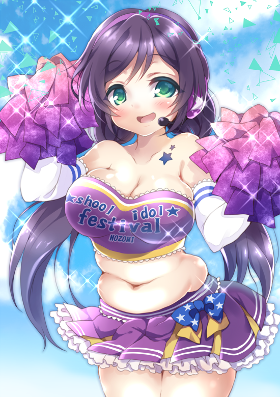 1girl bare_shoulders breasts cheerleader elbow_gloves gloves green_eyes headset kokorominton long_hair looking_at_viewer love_live!_school_idol_project midriff open_mouth plump pom_poms purple_hair skirt smile solo takaramonozu toujou_nozomi twintails