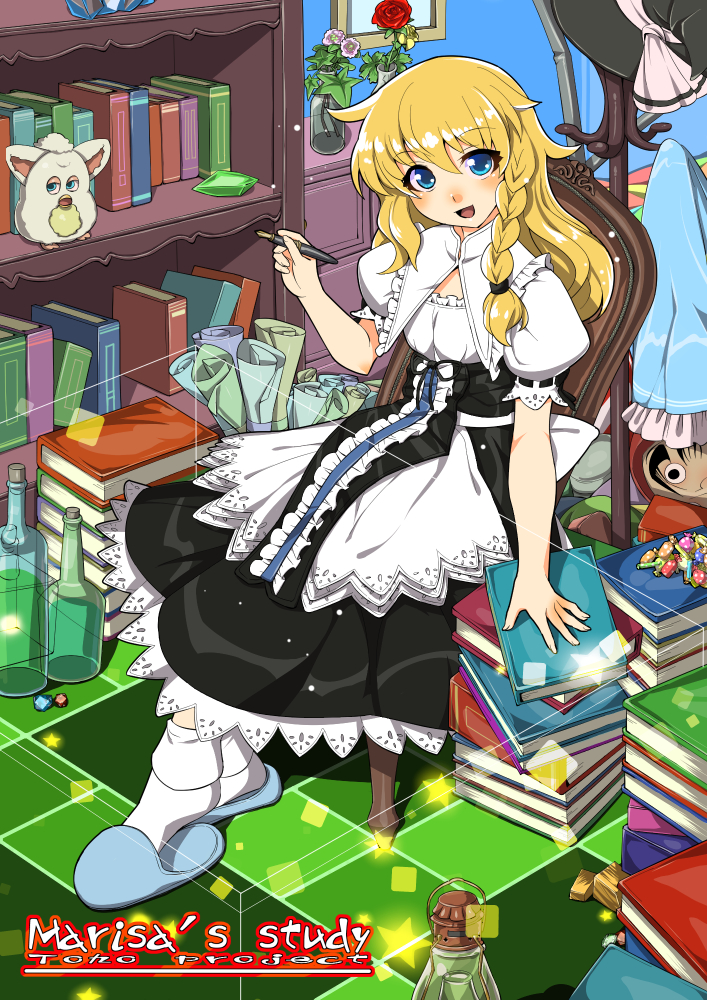 1girl black_dress blonde_hair blue_eyes book bookshelf bottle braid crystal drawer dress english flower furby hat hat_rack hat_removed headwear_removed kirisame_marisa long_hair open_mouth pen picture_frame puffy_short_sleeves puffy_sleeves ribbon-trimmed_sleeves ribbon_trim rose short_sleeves single_braid slippers smile solo square star study tagme touhou umigarasu_(kitsune1963) vase