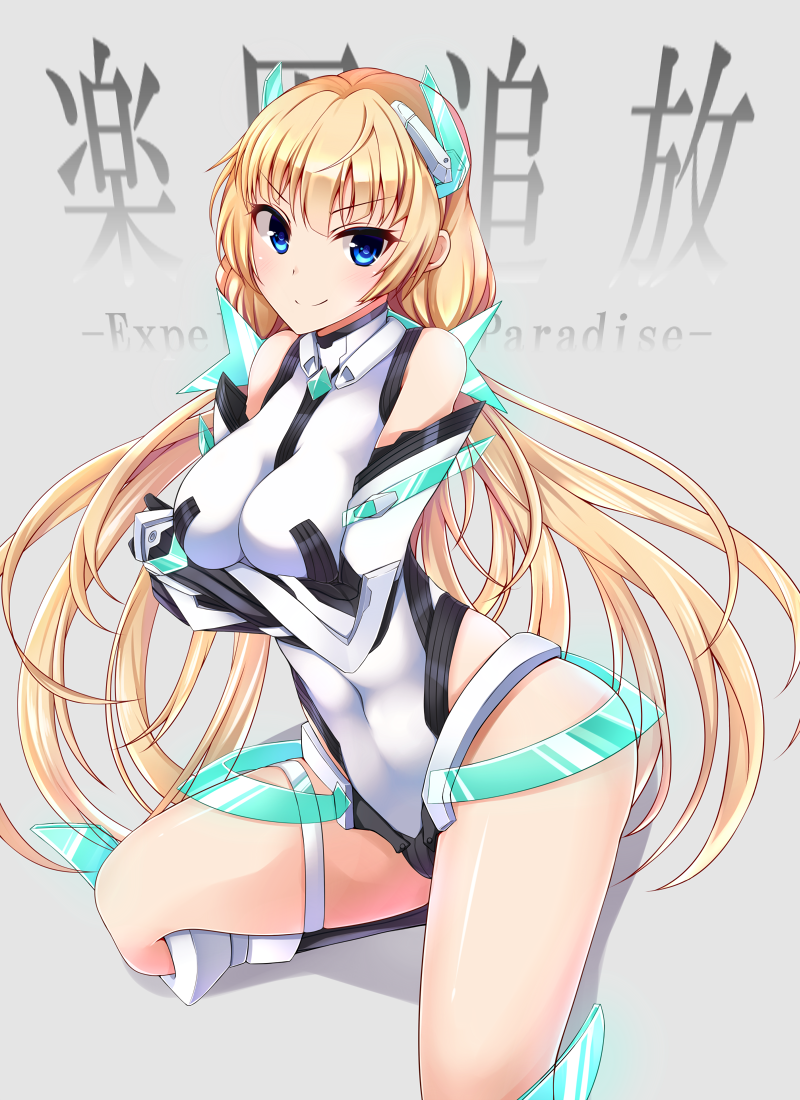 &gt;:) 1girl angela_balzac bare_shoulders blonde_hair blue_eyes blush breast_hold breasts copyright_name covered_navel crossed_arms elbow_gloves expelled_from_paradise gloves headgear impossible_leotard kotohane leotard long_hair looking_away shadow smile twintails very_long_hair