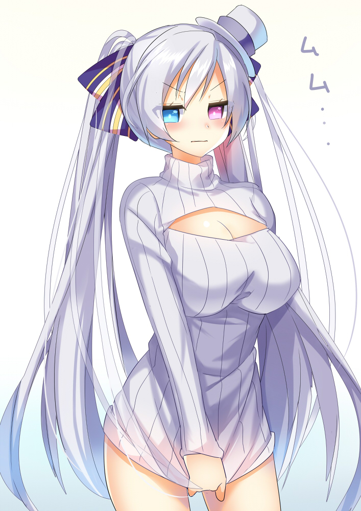 &gt;:| 1girl bow breasts cleavage cleavage_cutout hair_bow hair_ribbon heterochromia long_hair looking_at_viewer nyori open-chest_sweater original ribbed_sweater ribbon silver_hair simple_background solo sweater translation_request turtleneck twintails very_long_hair white_background