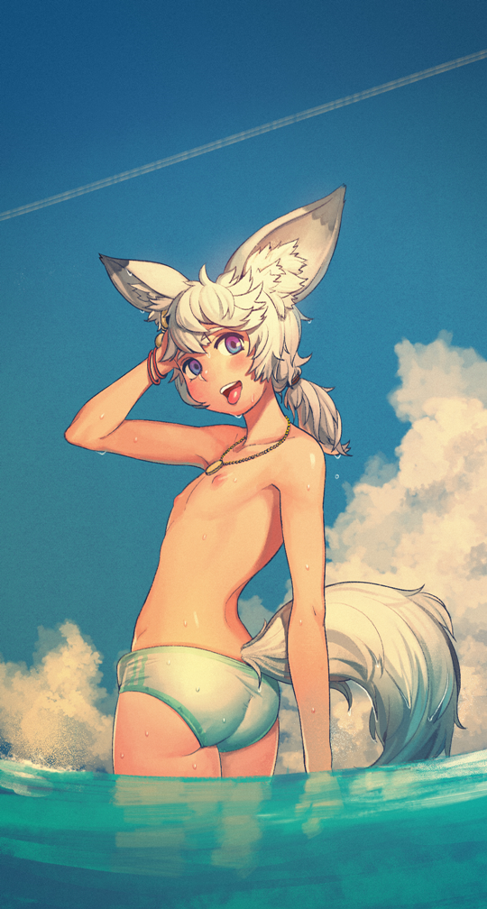 1boy :p animal_ears ass blue_eyes bracelet clouds fox_ears fox_tail jewelry looking_back male necklace nipples open_mouth original partially_submerged ponytail silver_hair sky swim_briefs tail thomas_hewitt tongue tongue_out water