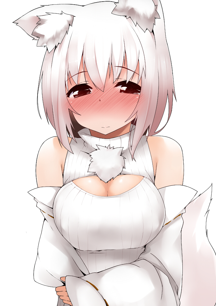 1girl animal_ears blush breasts cleavage cleavage_cutout detached_sleeves inubashiri_momiji large_breasts looking_at_viewer open-chest_sweater red_eyes revision ribbed_sweater short_hair simple_background sleeveless sleeveless_turtleneck solo sweater tail tera_zip touhou turtleneck white white_background white_hair wolf_ears wolf_tail